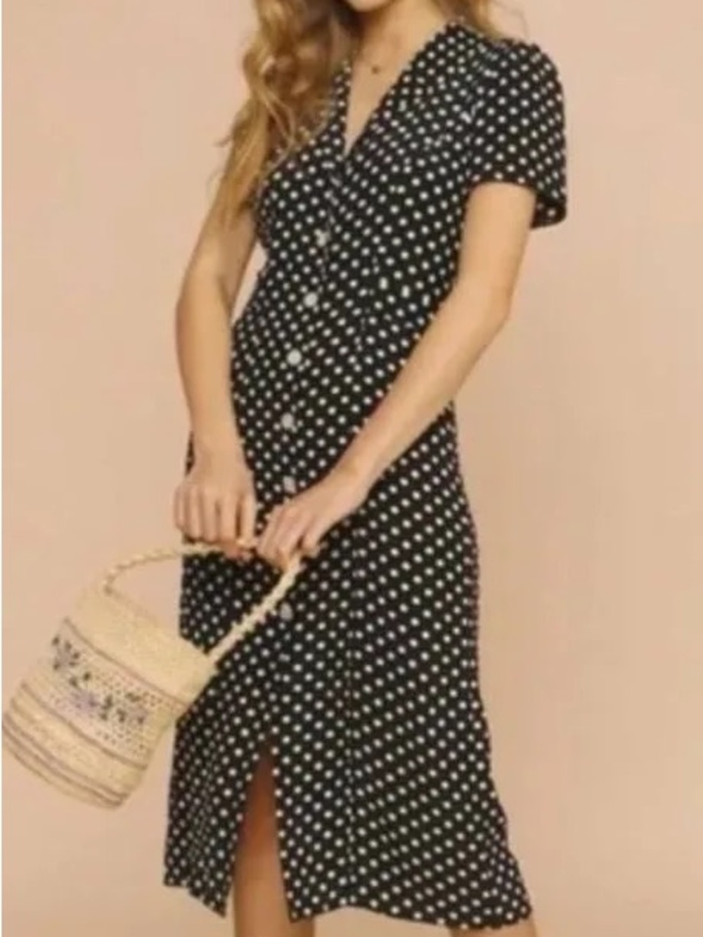 Rouje Marin Black Polka Dot Button-Front Midi Dress